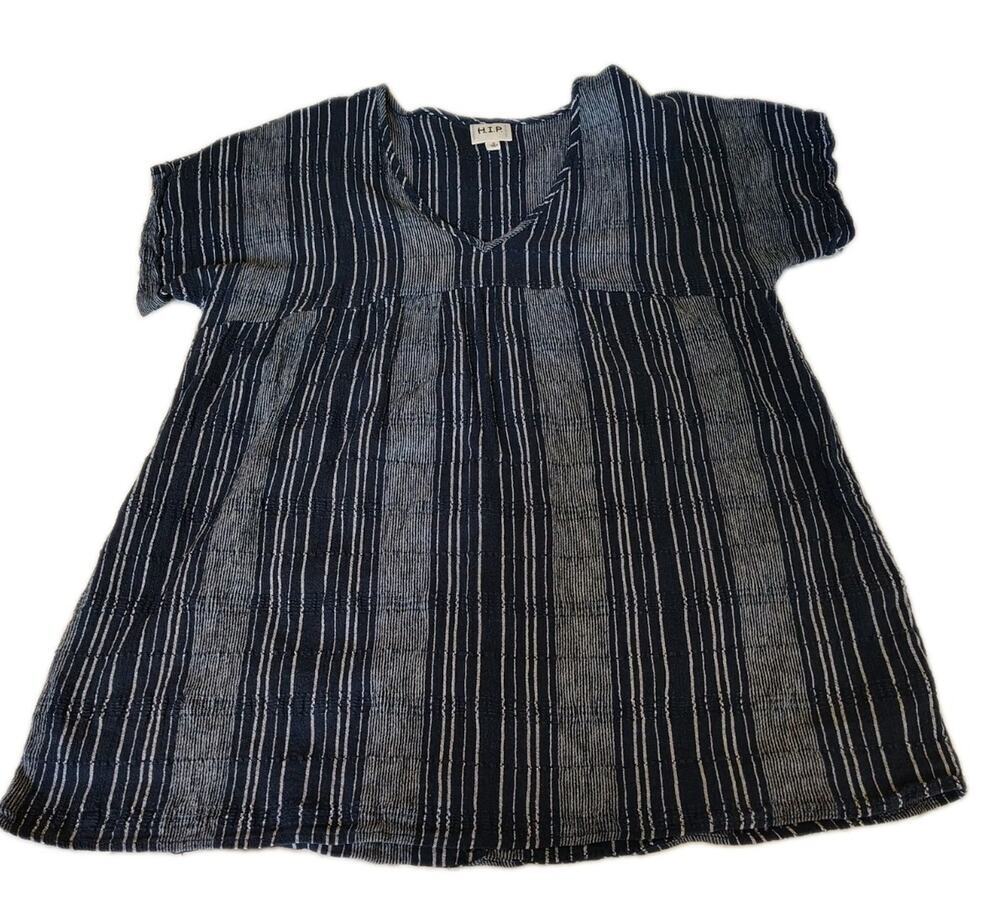 H.I.P. Striped Tunic Top M Navy Blue White V-Neck Empire Waist Cotton Rayon Boho